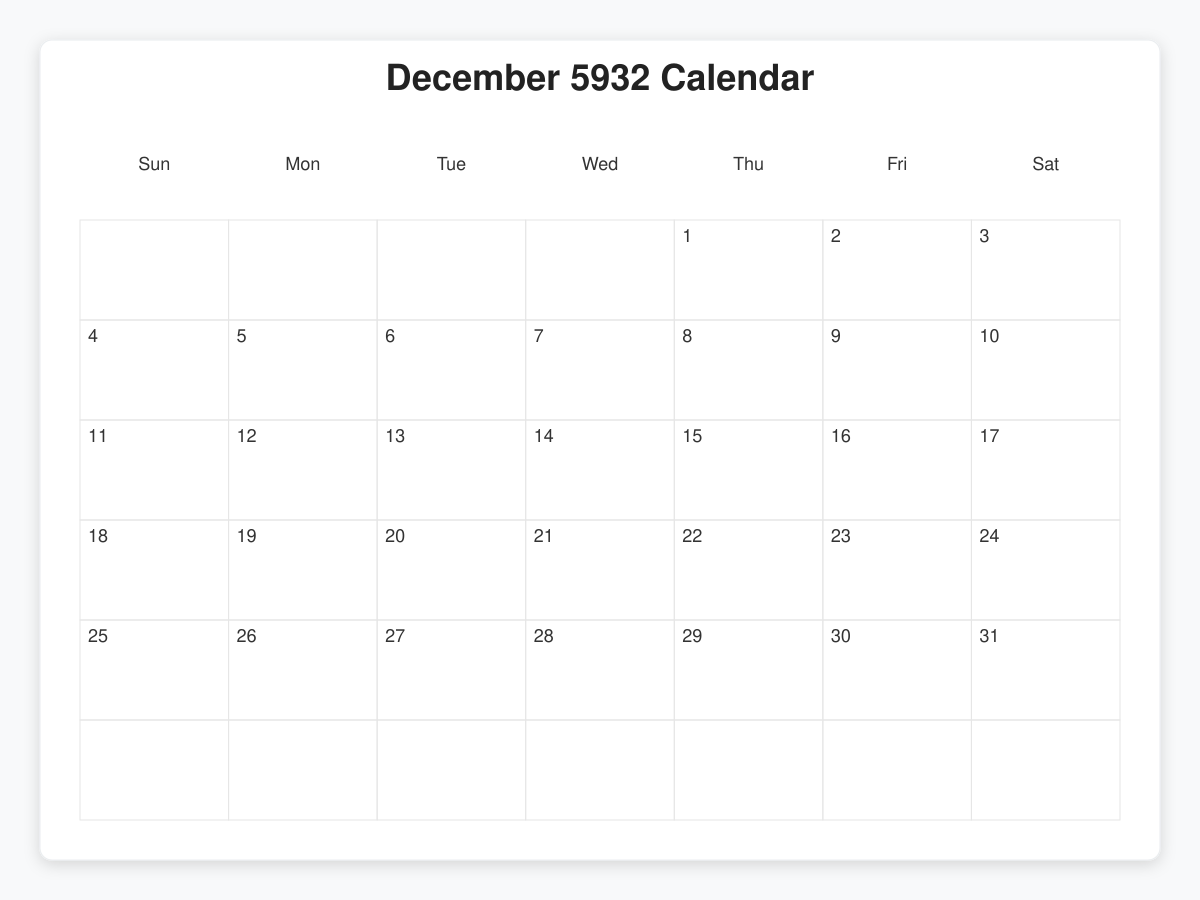 Printable December 5932 Calendars