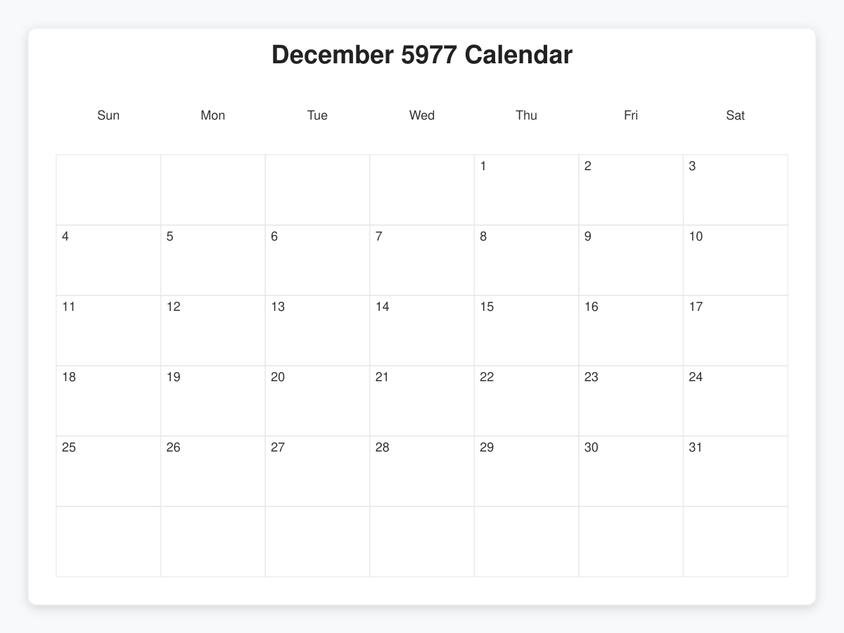 Printable December 5977 Calendars