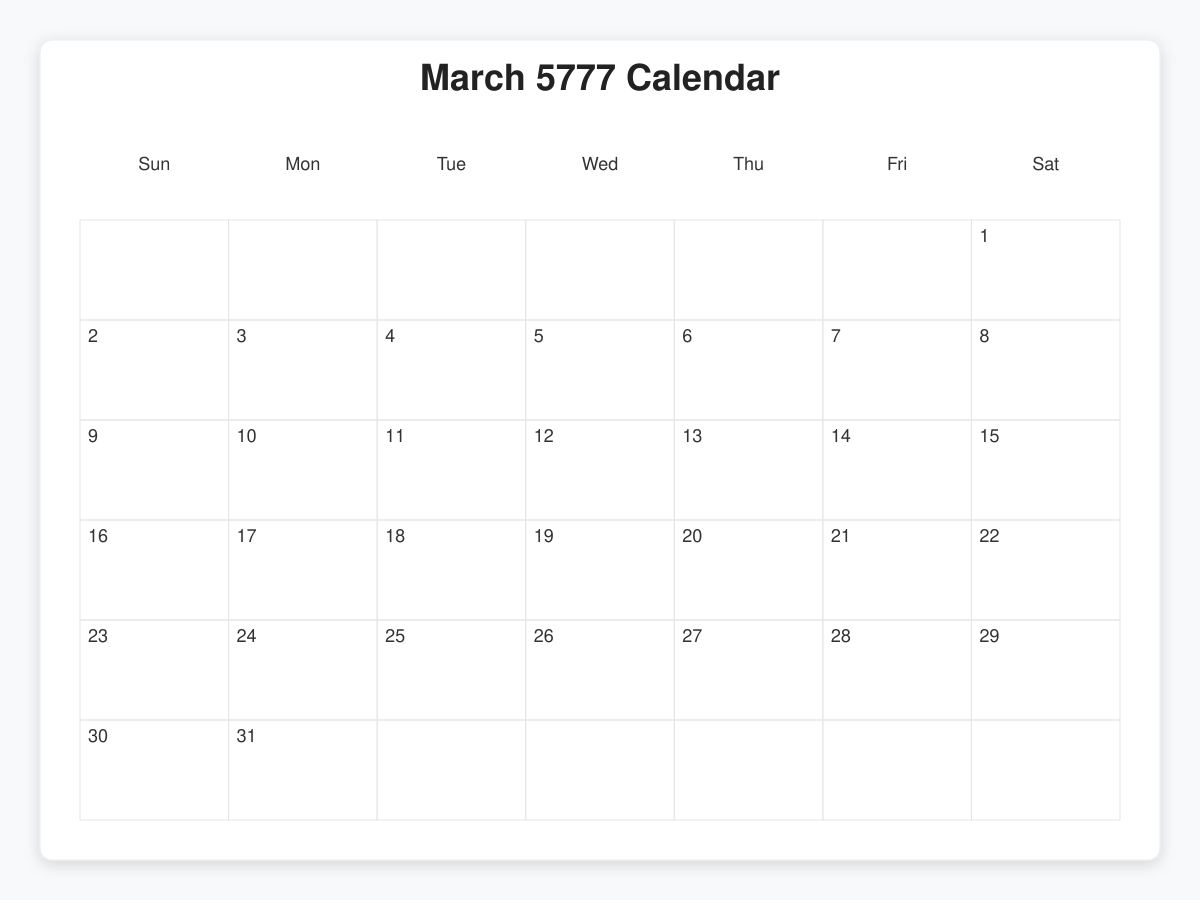Printable March 5777 Calendars
