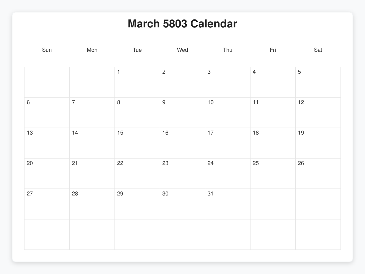 Printable March 5803 Calendars
