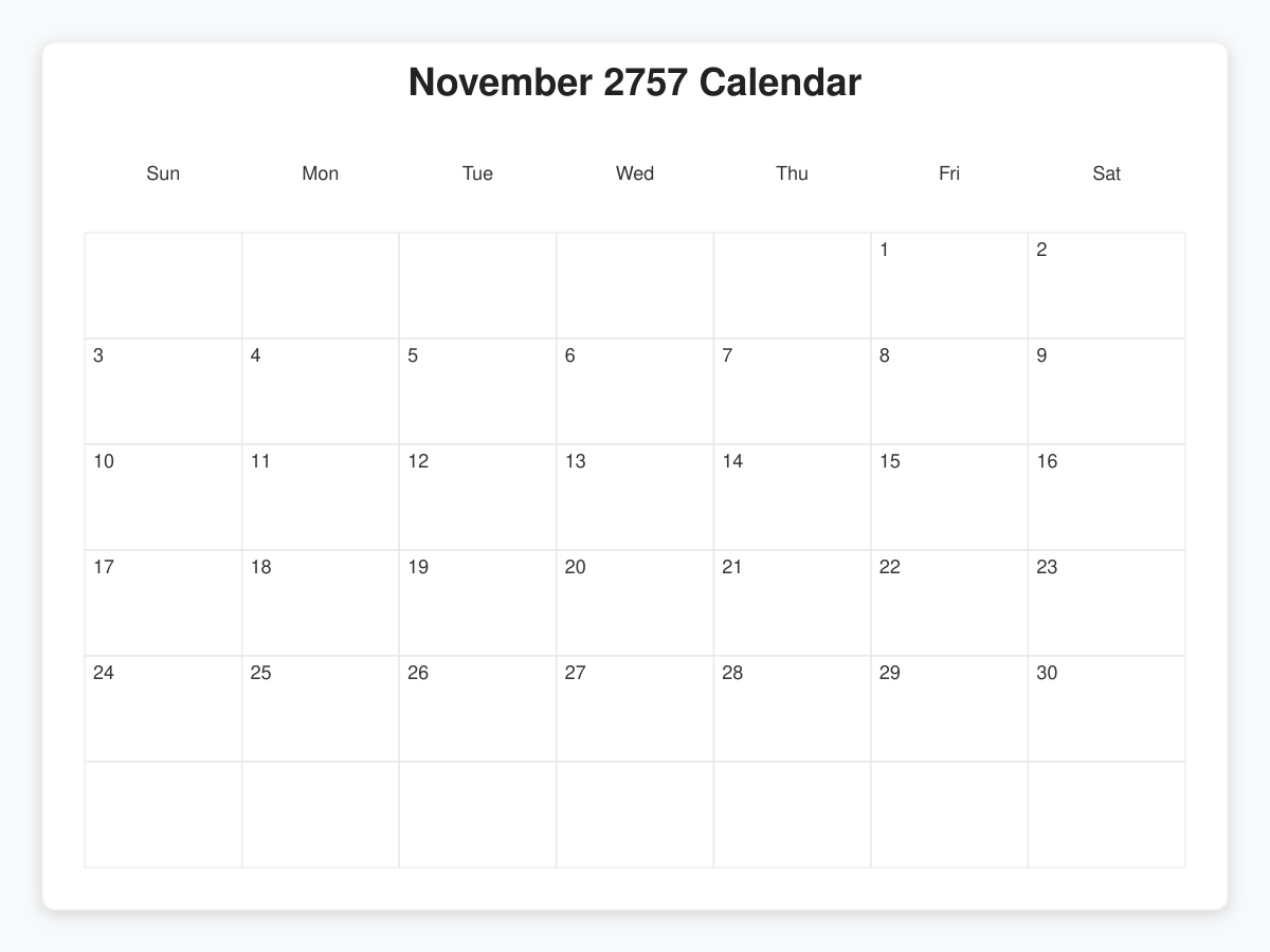 Printable November 2757 Calendars