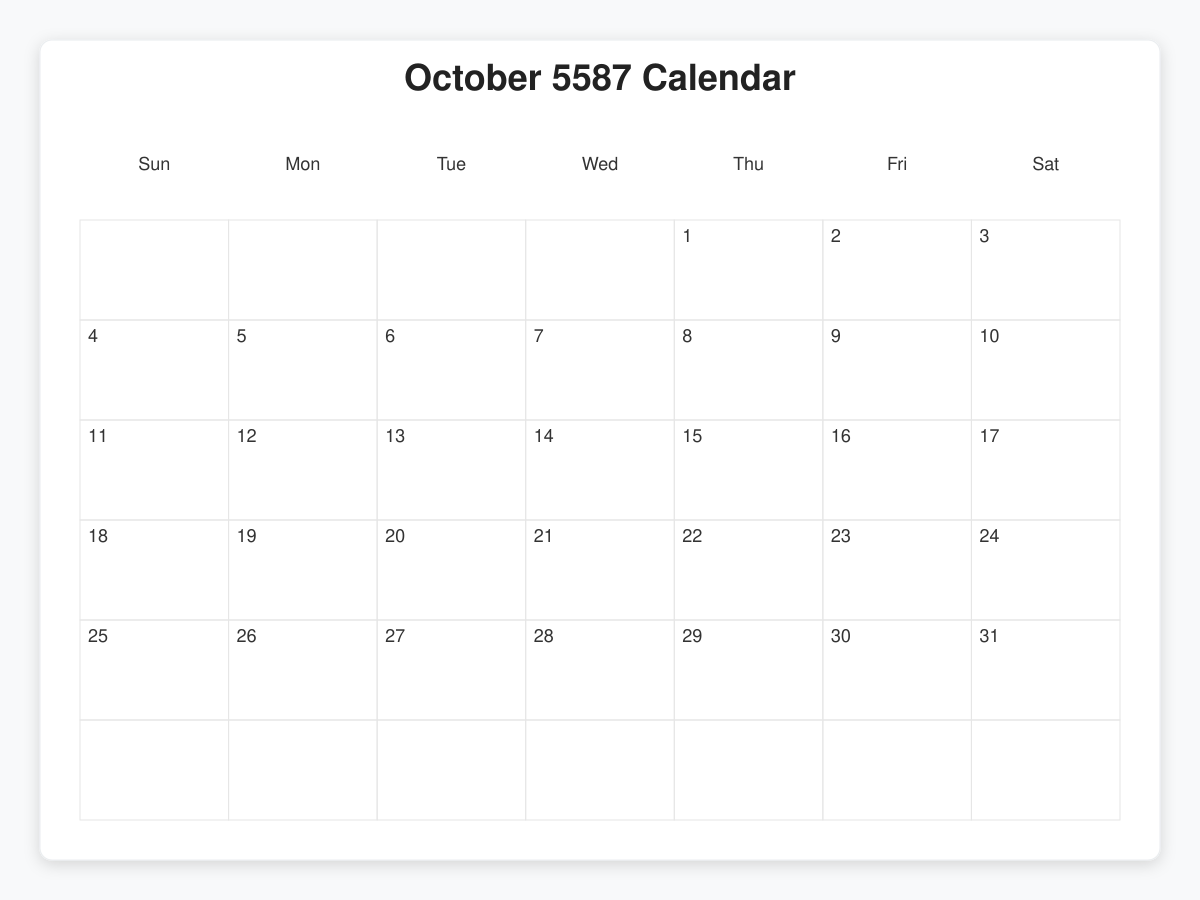 Printable October 5587 Calendars