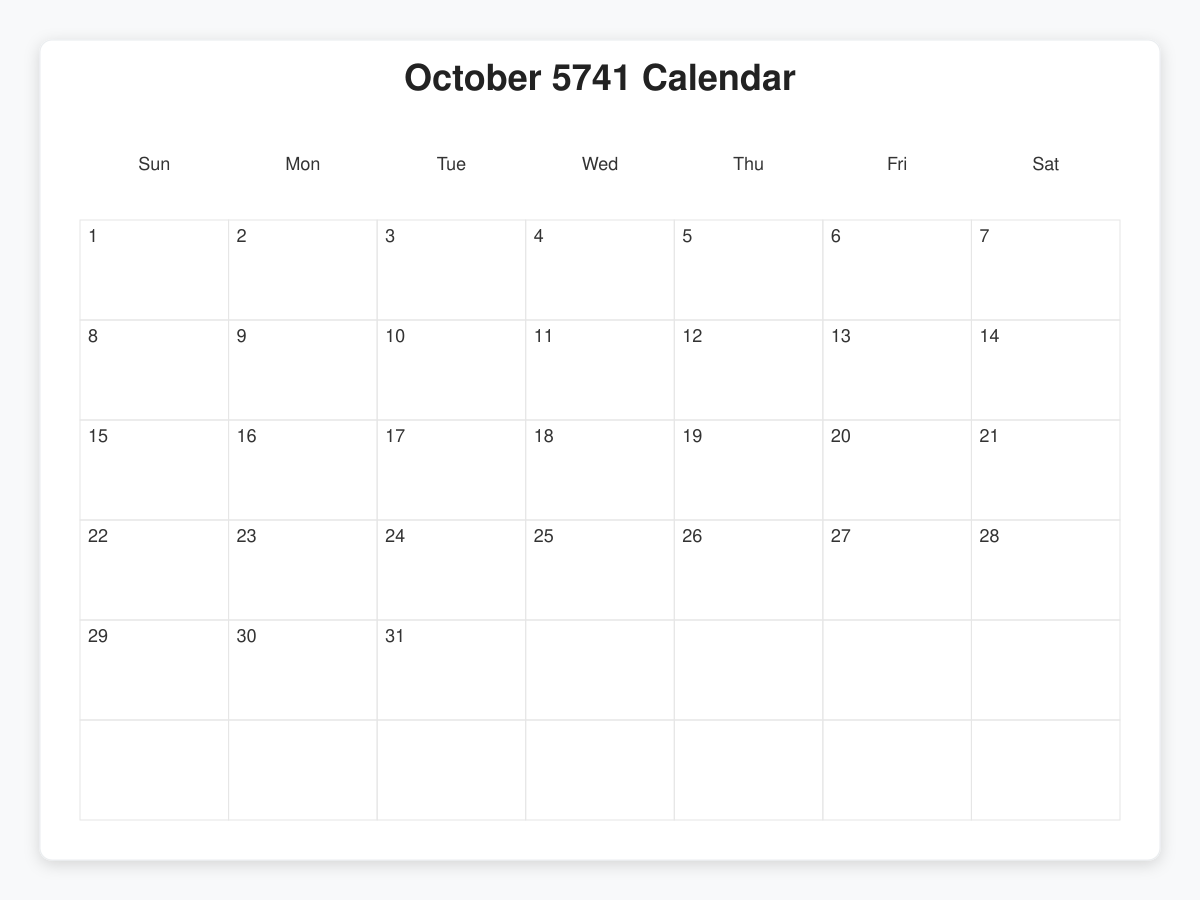 Printable October 5741 Calendars