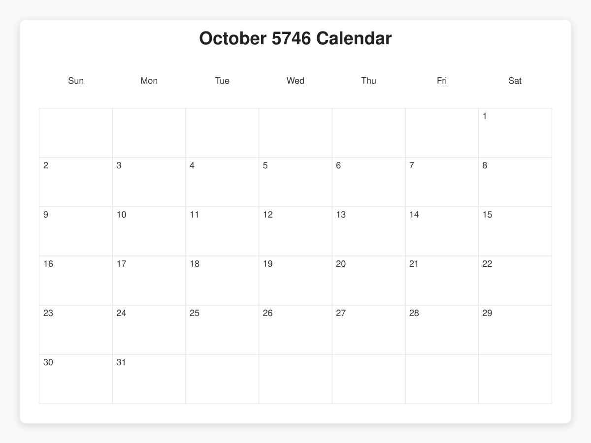 Printable October 5746 Calendars