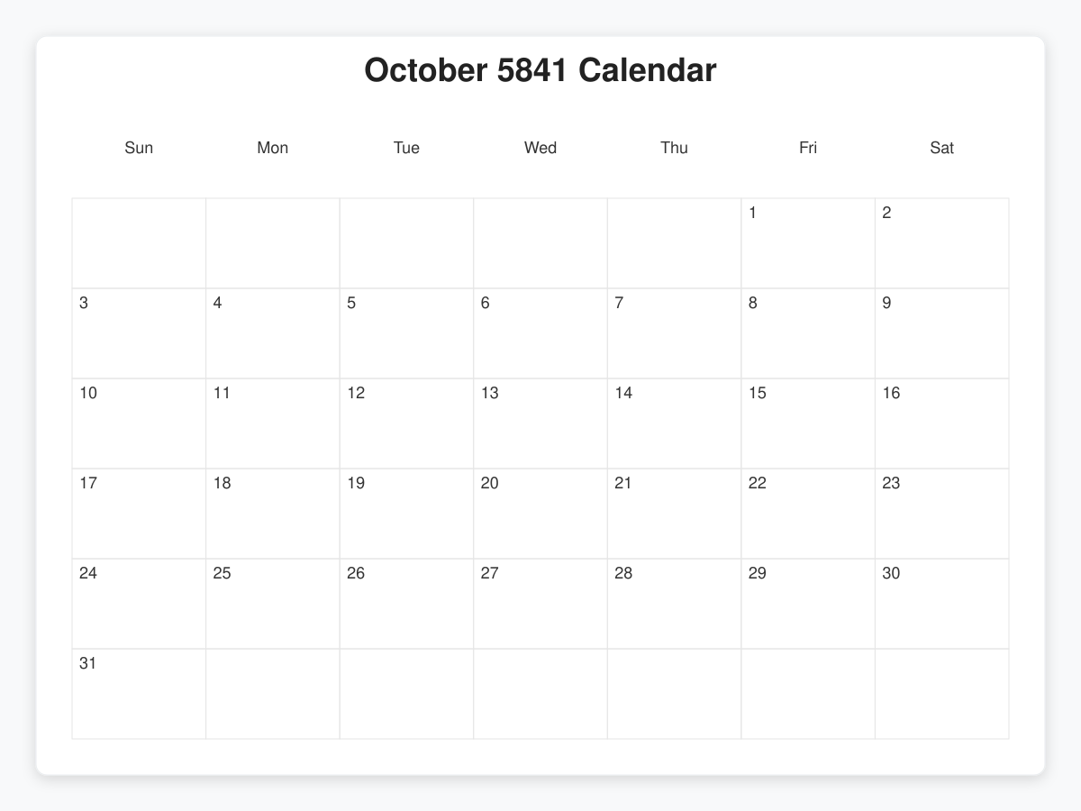Printable October 5841 Calendars