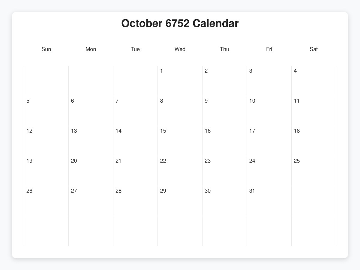Printable October 6752 Calendars
