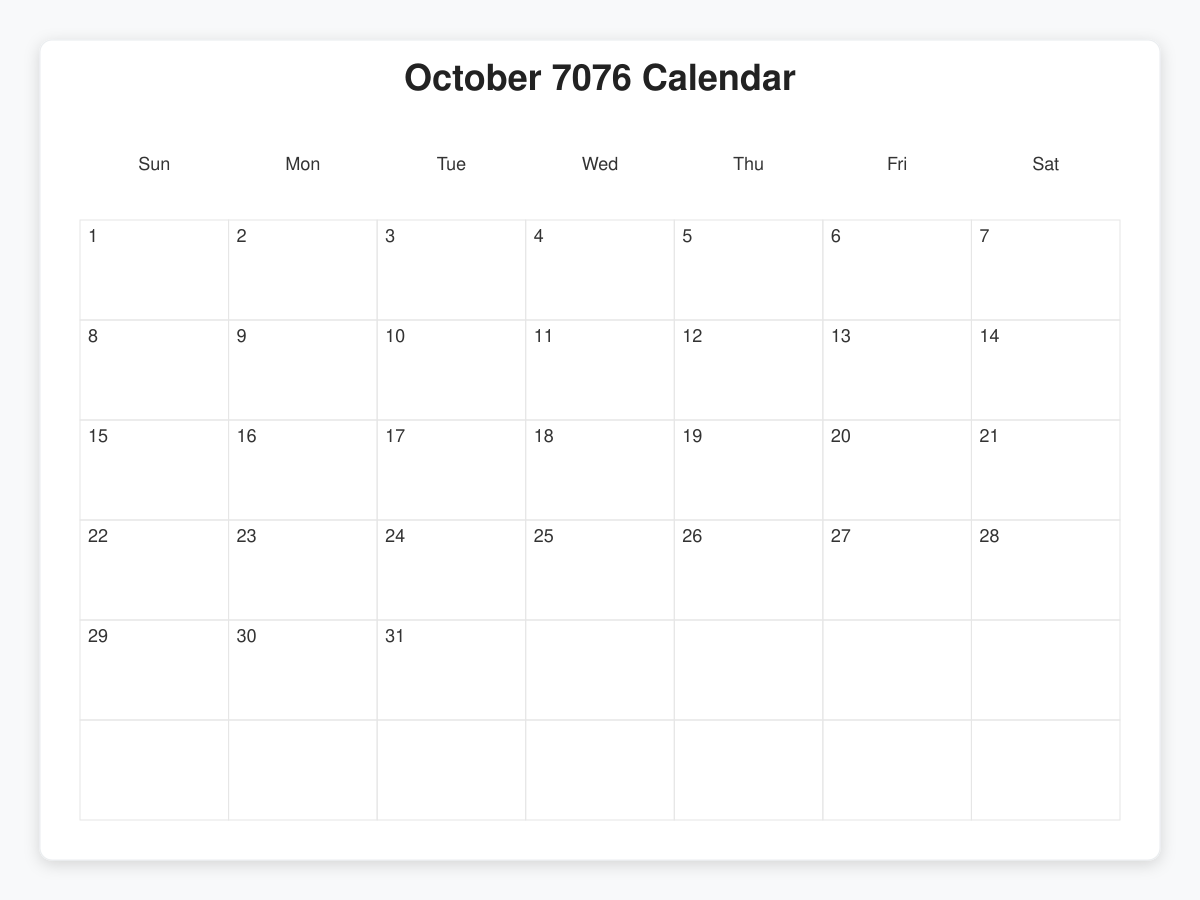 Printable October 7076 Calendars