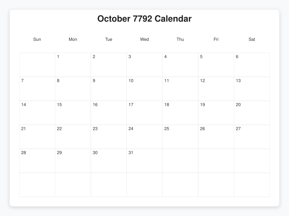 Printable October 7792 Calendars