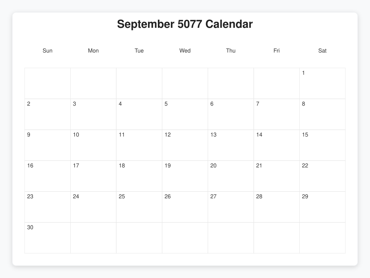 Printable September 5077 Calendars