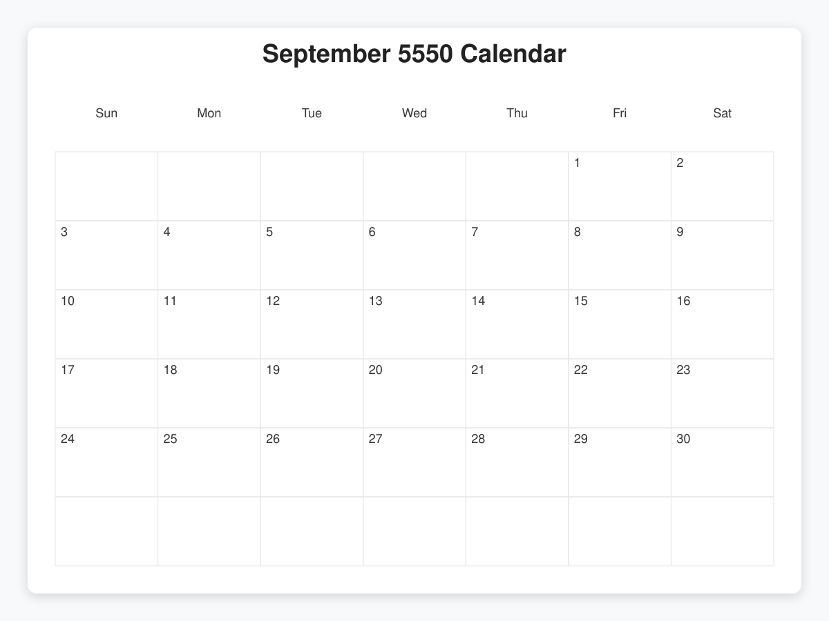 Printable September 5550 Calendars