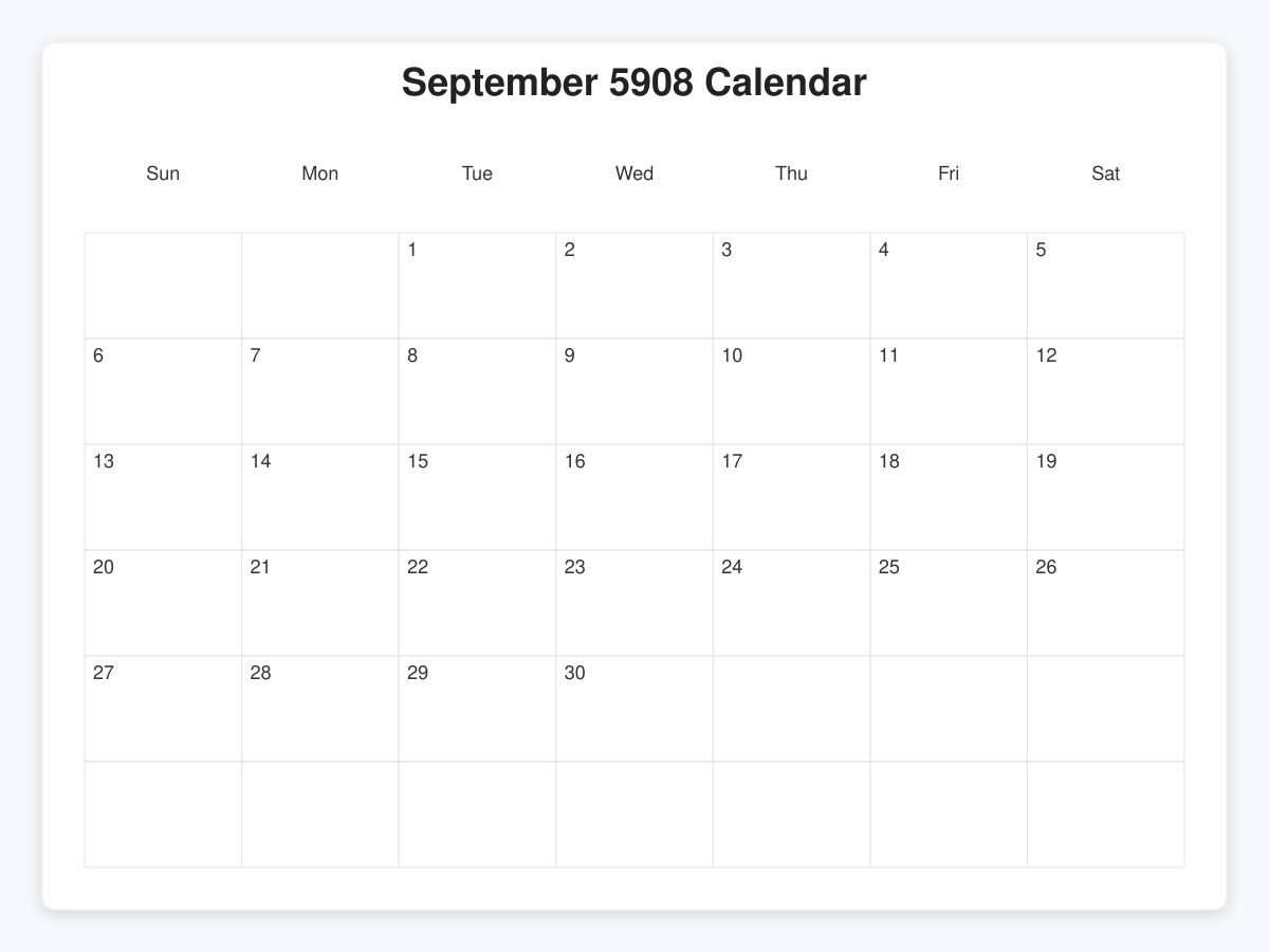 Printable September 5908 Calendars