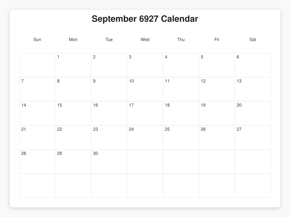 Printable September 6927 Calendars