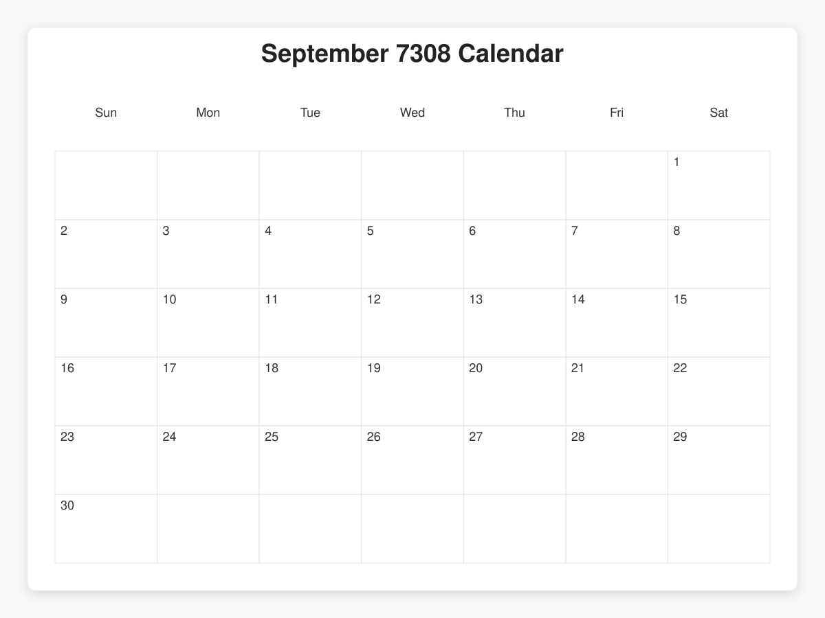 Printable September 7308 Calendars