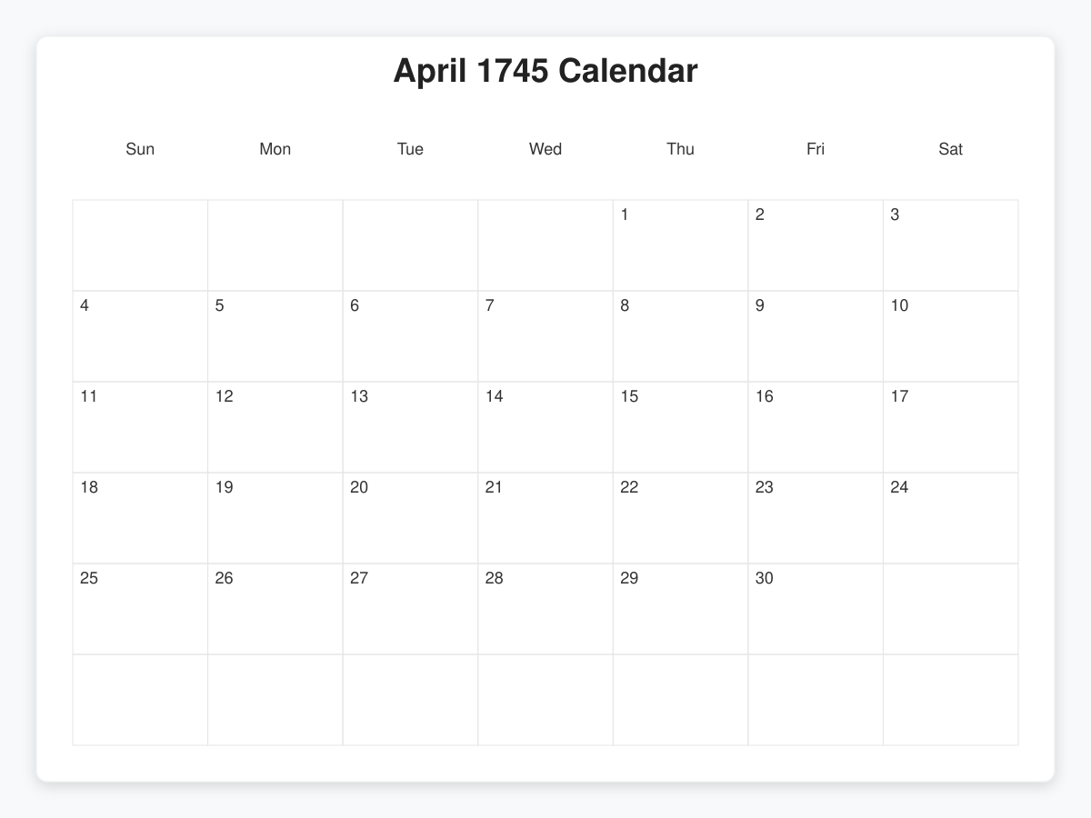 Printable April 1745 Calendars