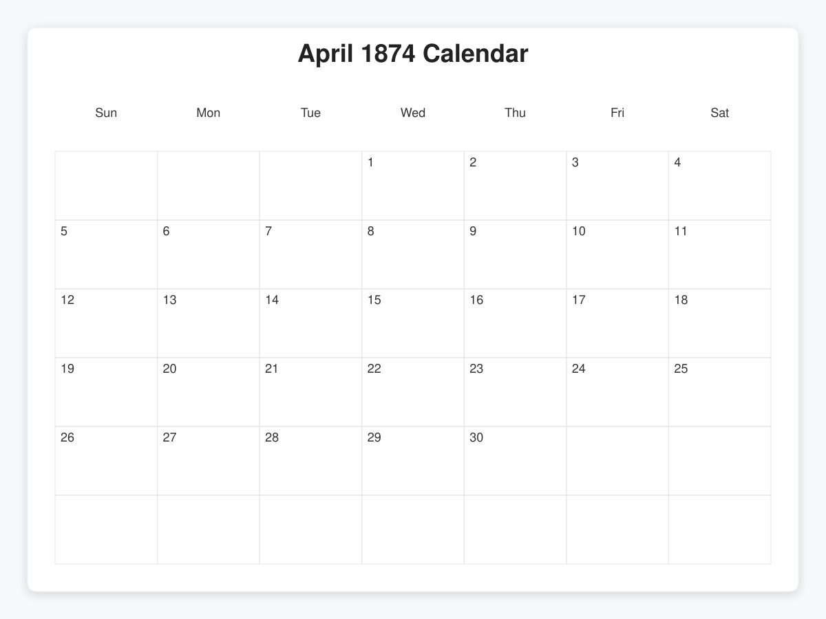 Printable April 1874 Calendars
