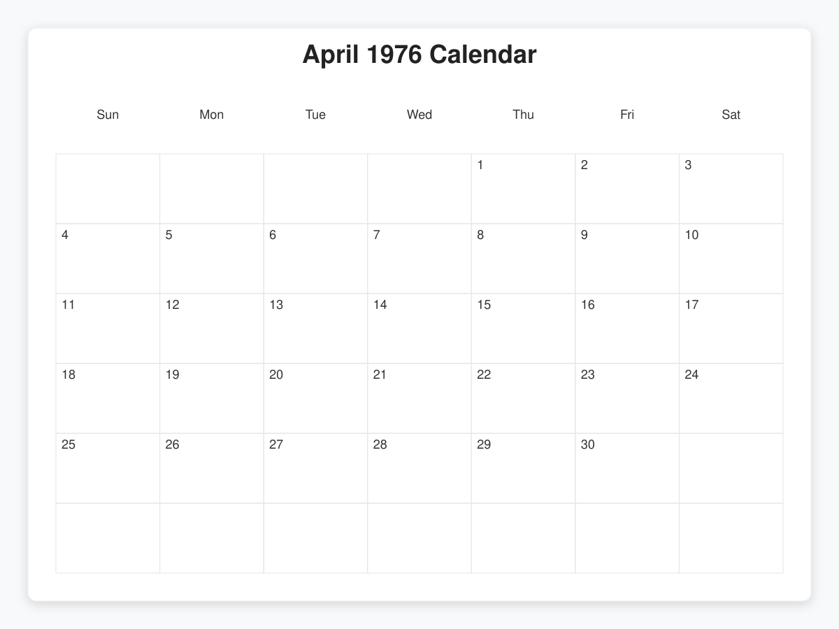 Printable April 1976 Calendars
