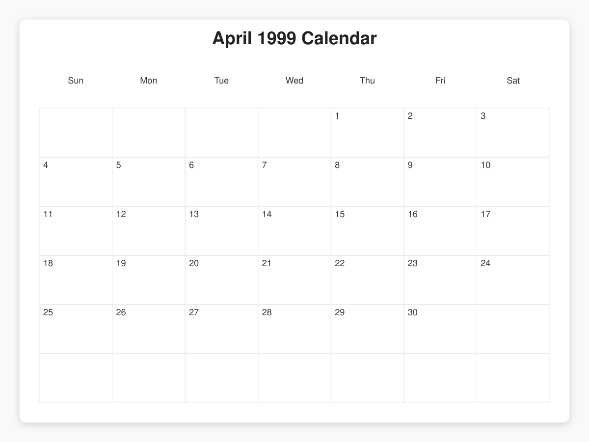 Printable April 1999 Calendars