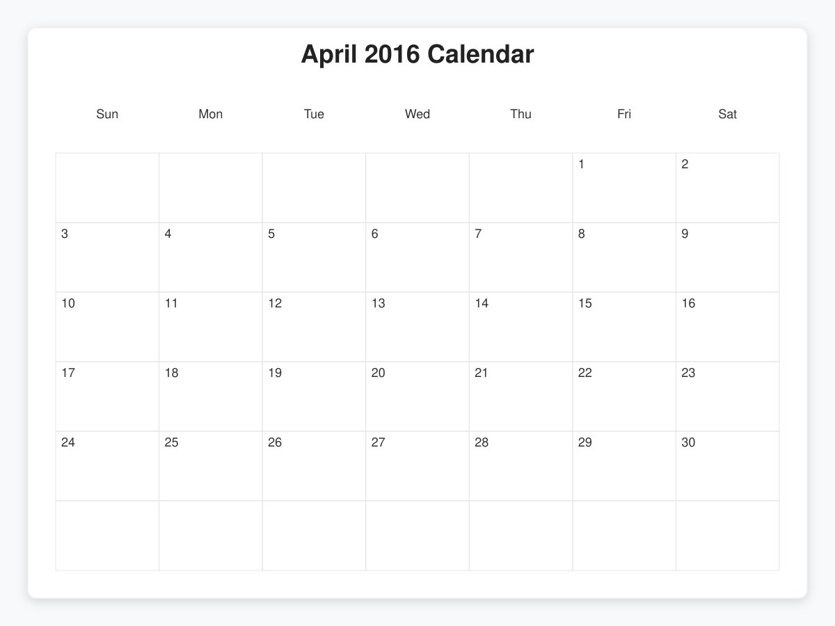 Printable April 2016 Calendars