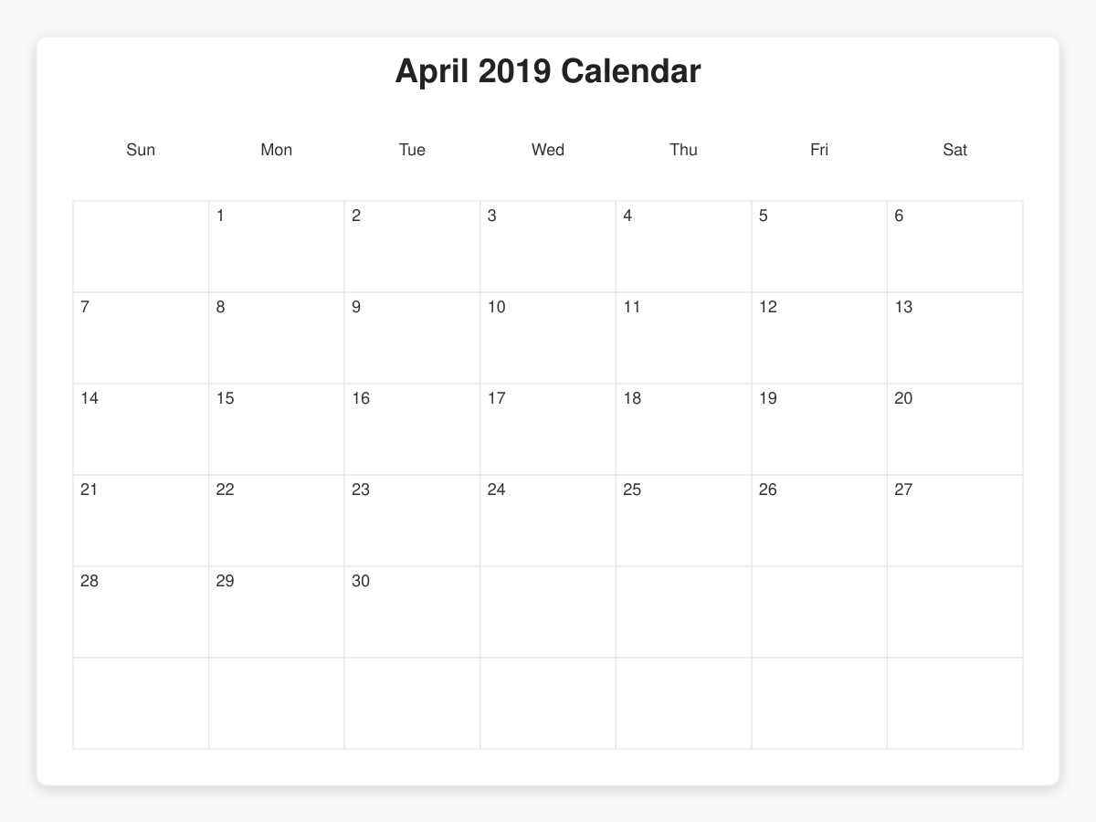 Printable April 2019 Calendars