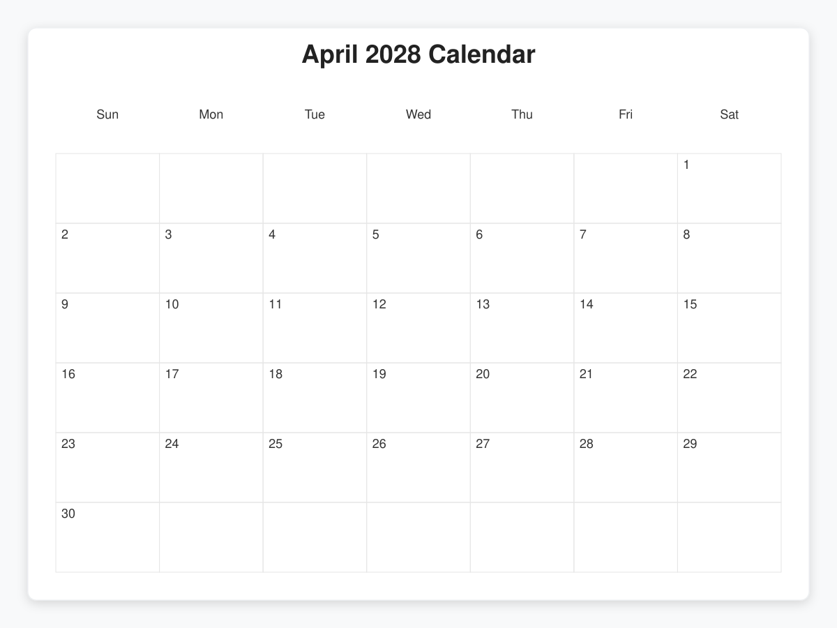 Printable April 2028 Calendars
