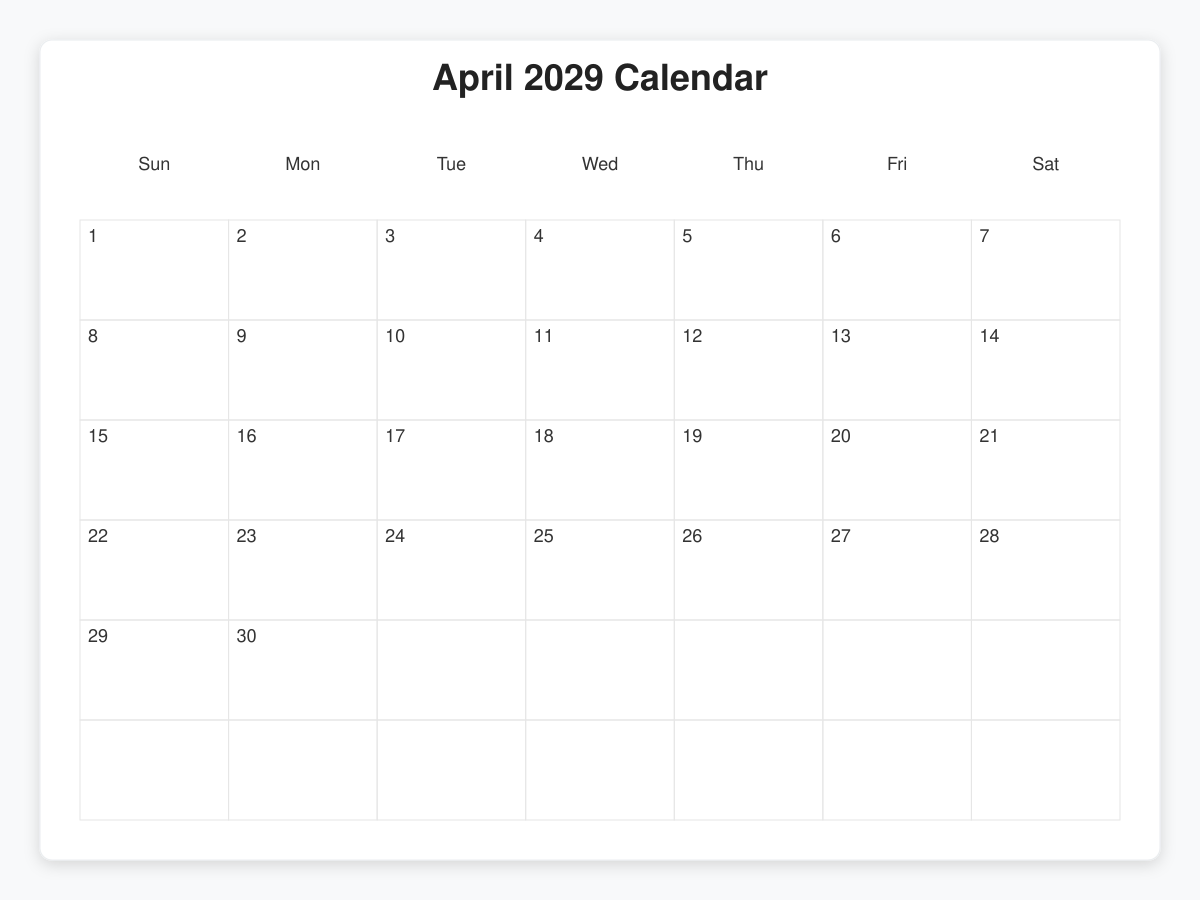 Printable April 2029 Calendars