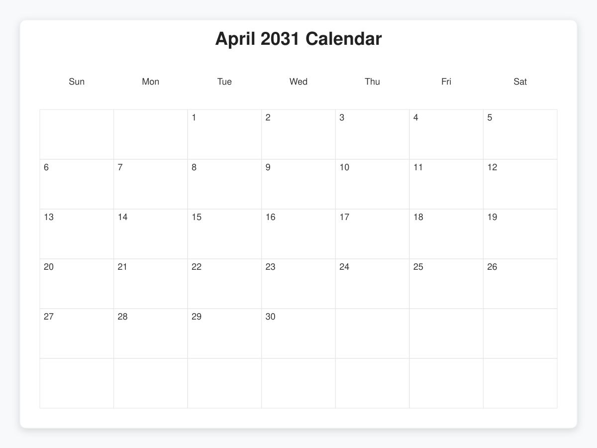 Printable April 2031 Calendars