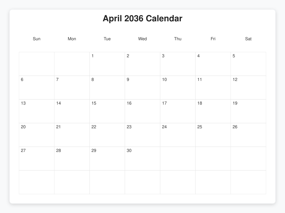 Printable April 2036 Calendars