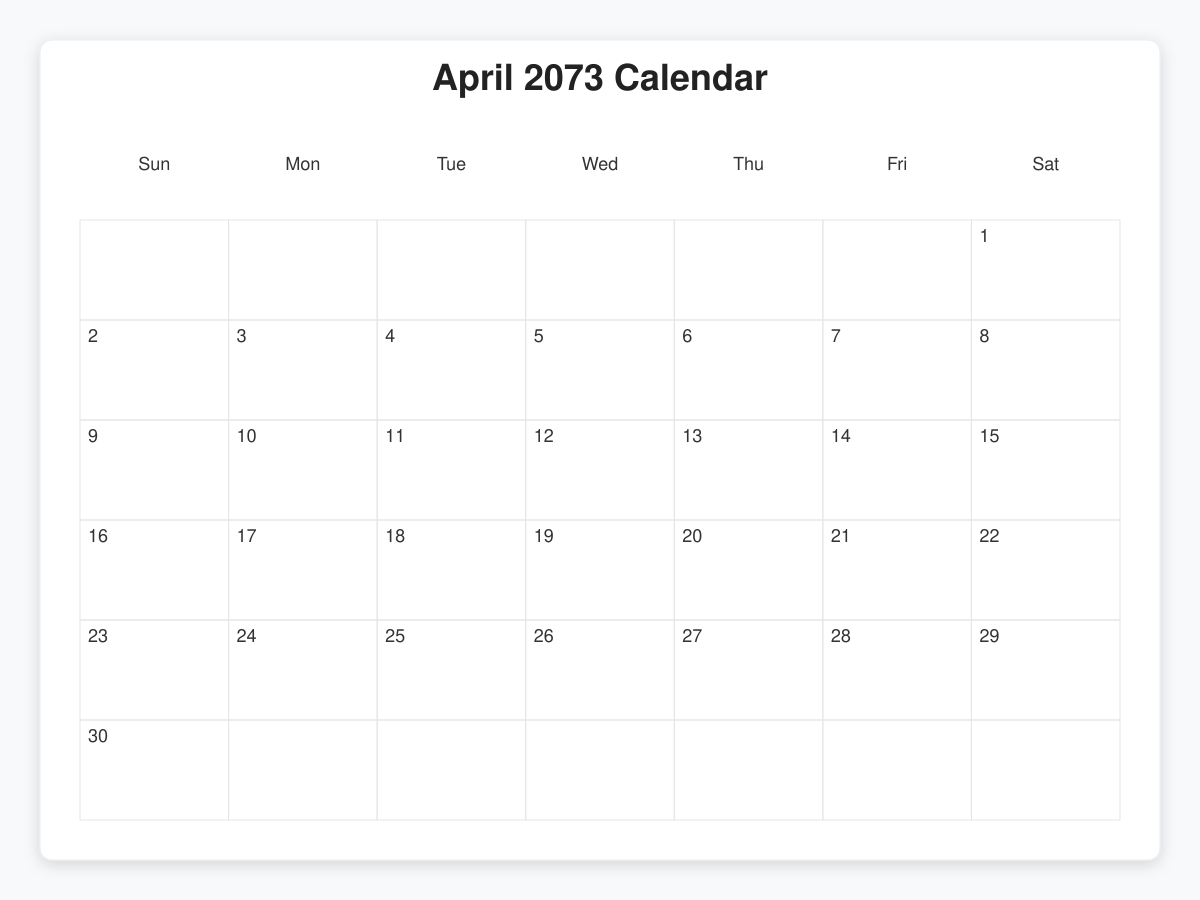 Printable April 2073 Calendars