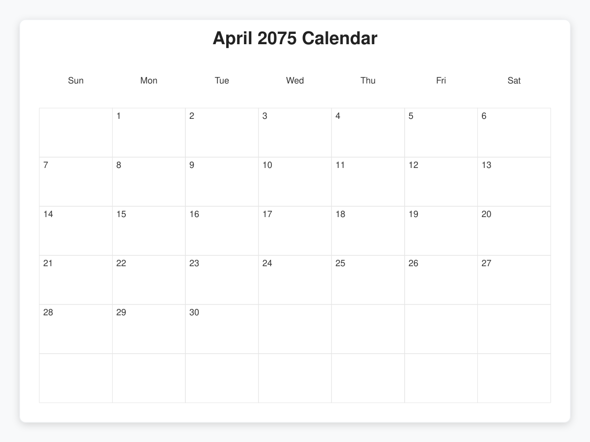 Printable April 2075 Calendars