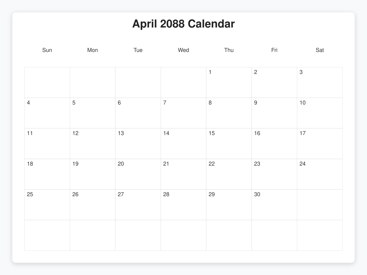 Printable April 2088 Calendars