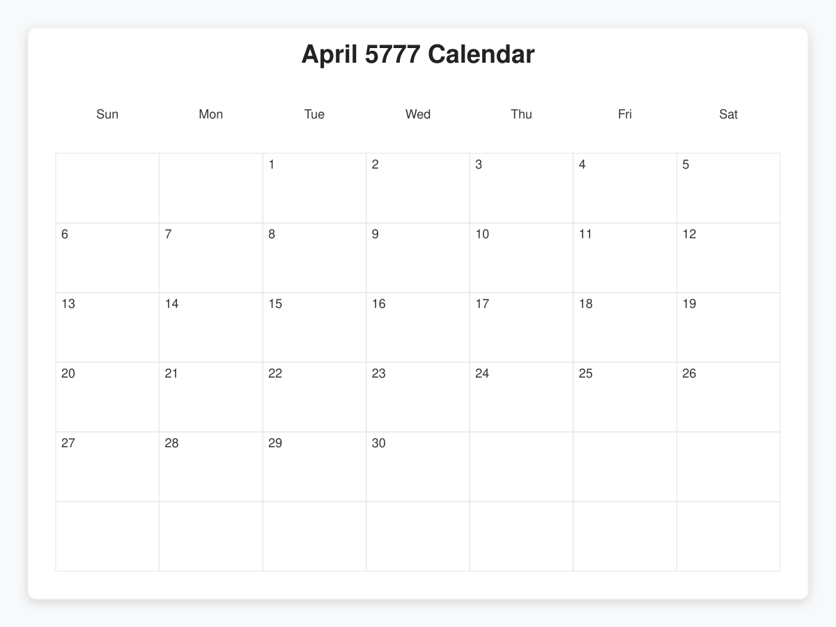 Printable April 5777 Calendars