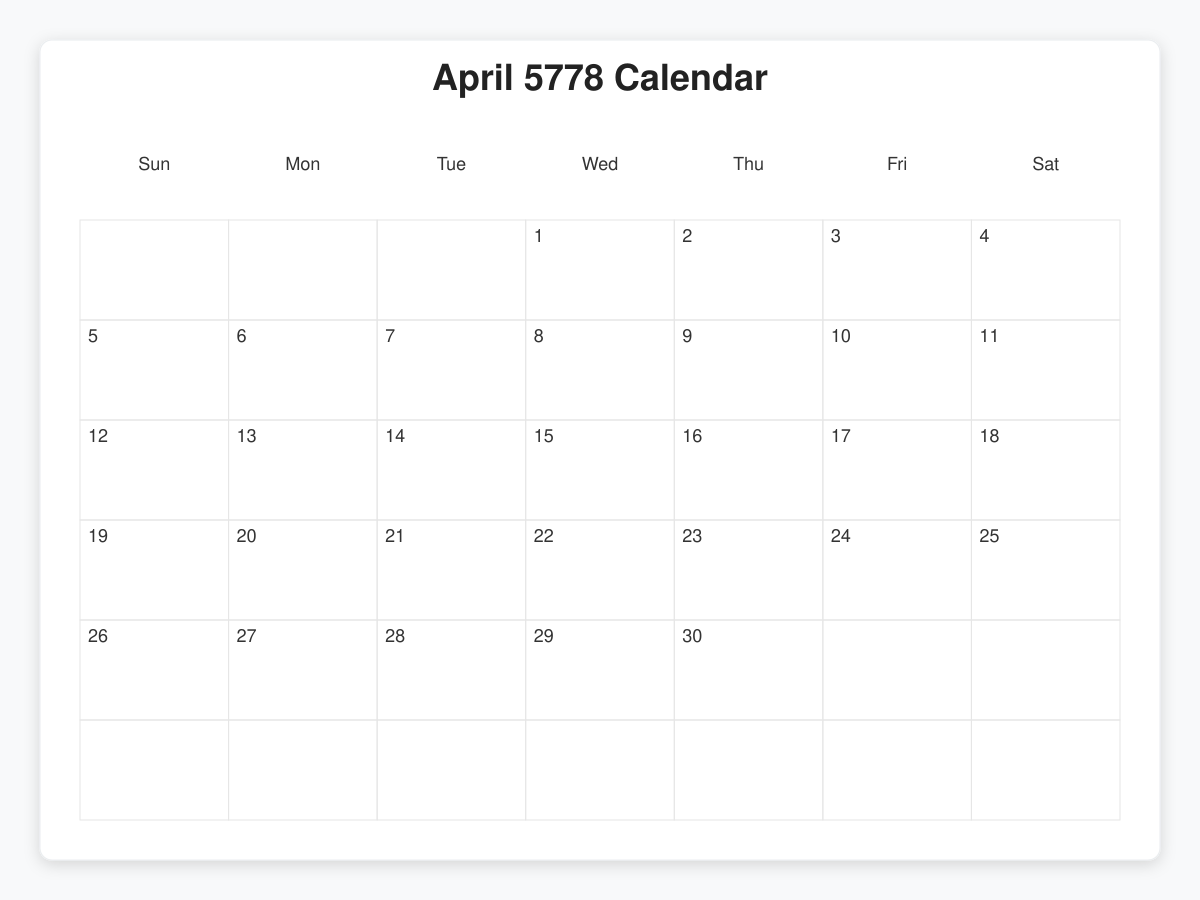 Printable April 5778 Calendars
