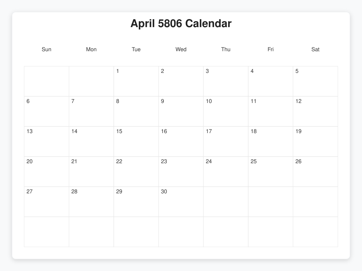 Printable April 5806 Calendars