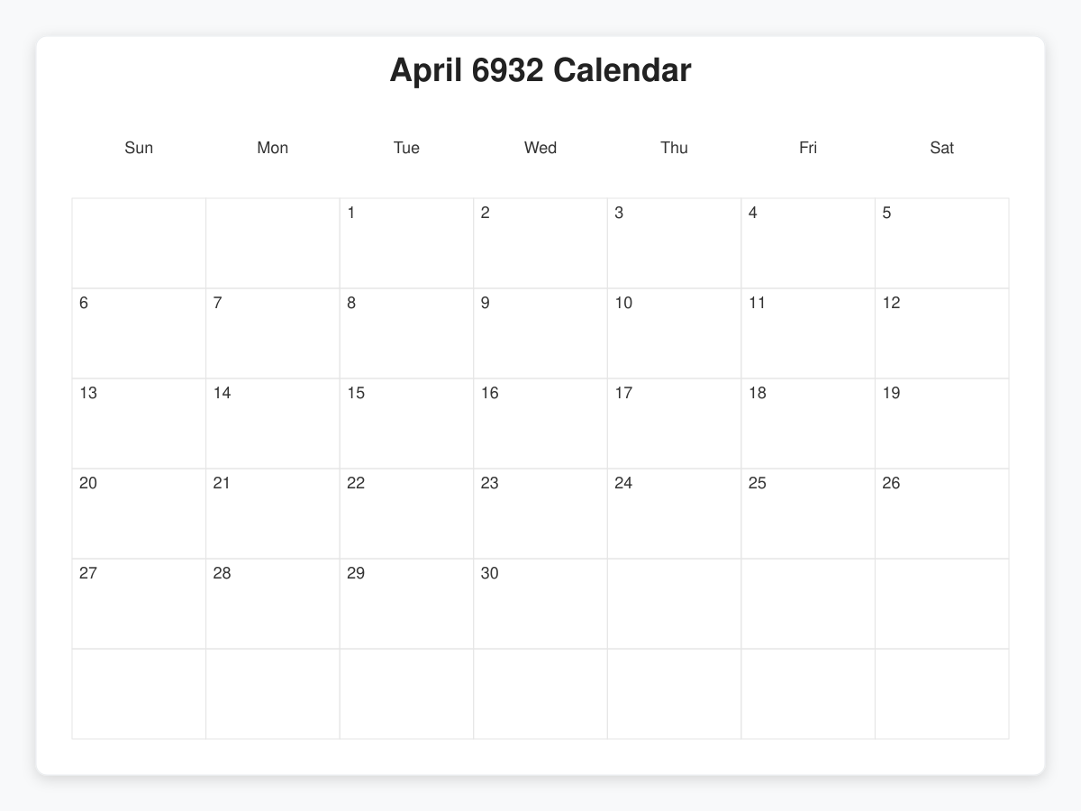 Printable April 6932 Calendars