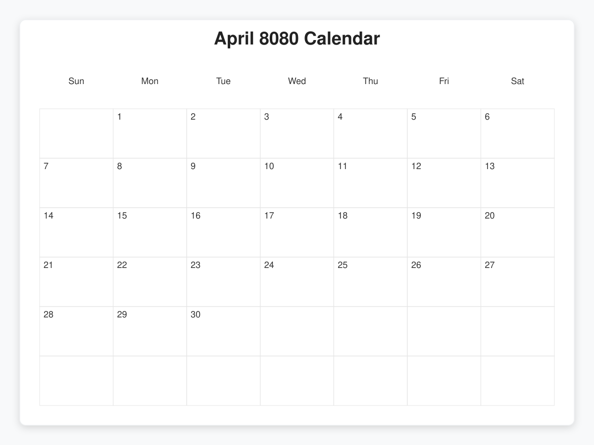 Printable April 8080 Calendars
