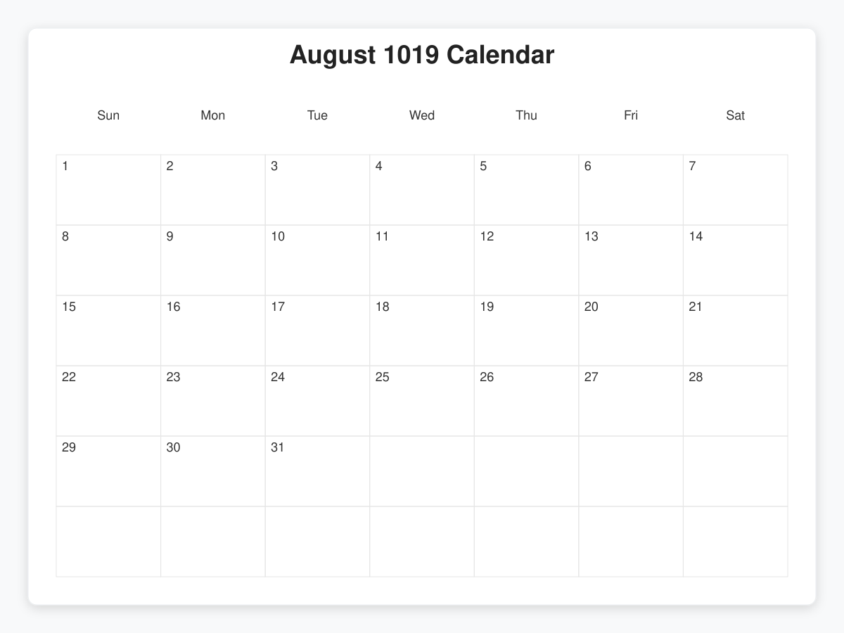 Printable August 1019 Calendars