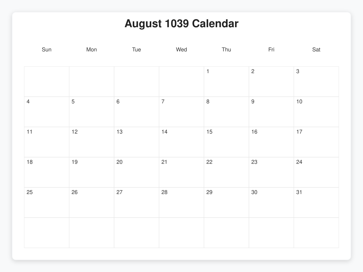 Printable August 1039 Calendars
