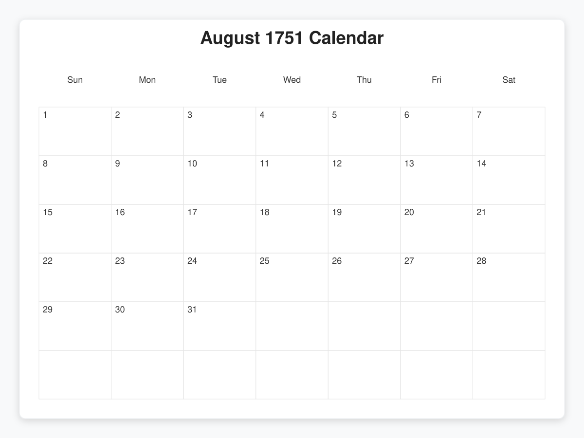 Printable August 1751 Calendars