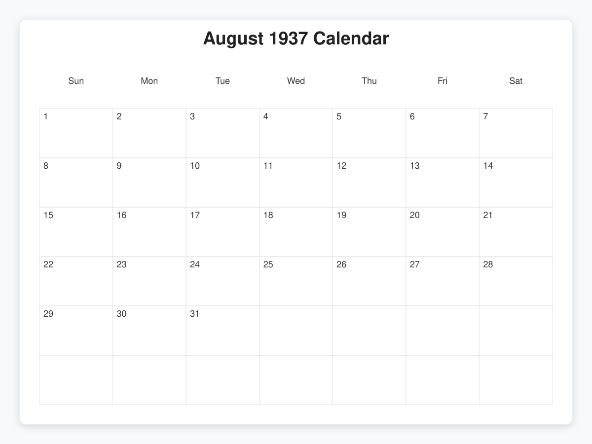Printable August 1937 Calendars