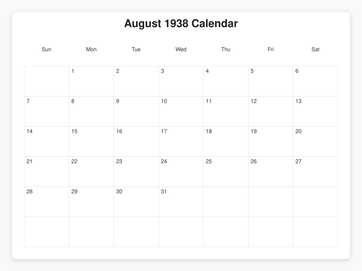 Printable August 1938 Calendars