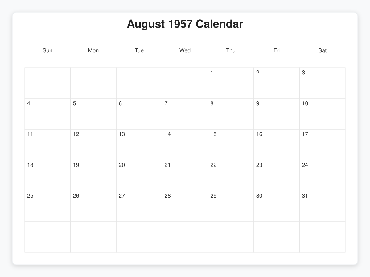 Printable August 1957 Calendars
