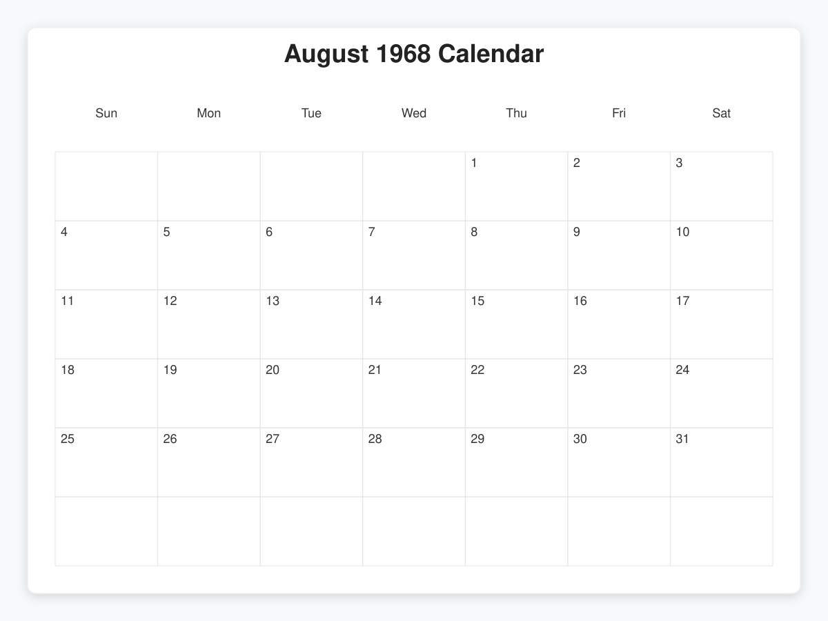 Printable August 1968 Calendars