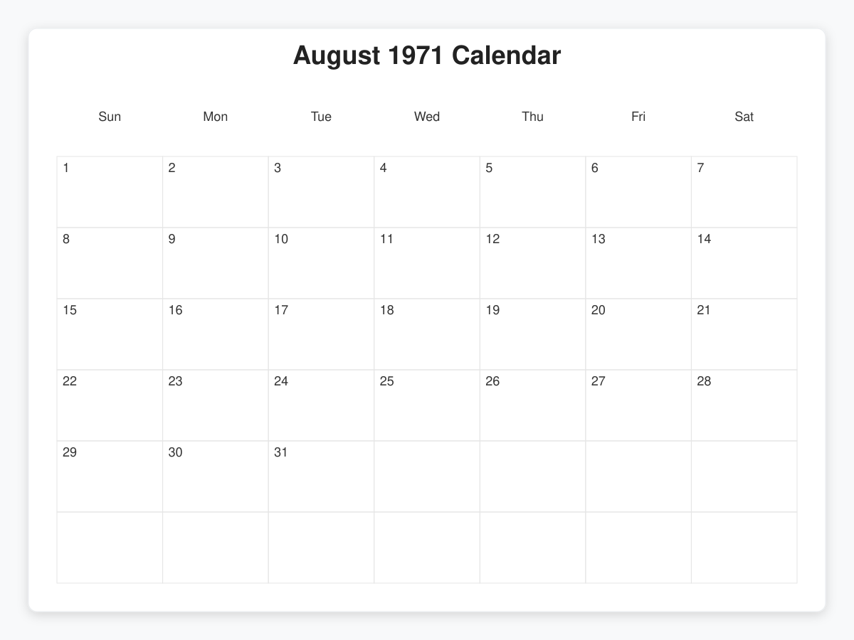 Printable August 1971 Calendars