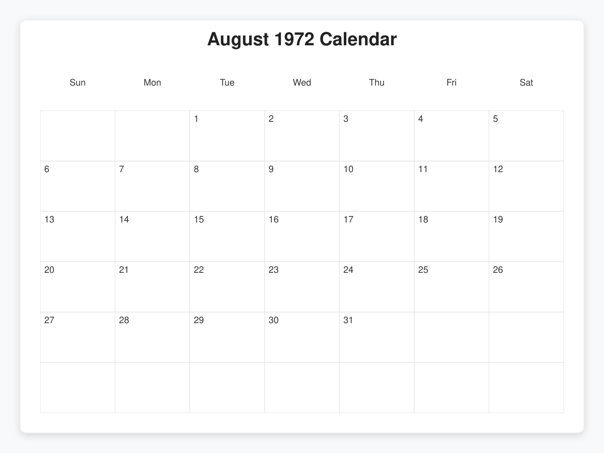 Printable August 1972 Calendars