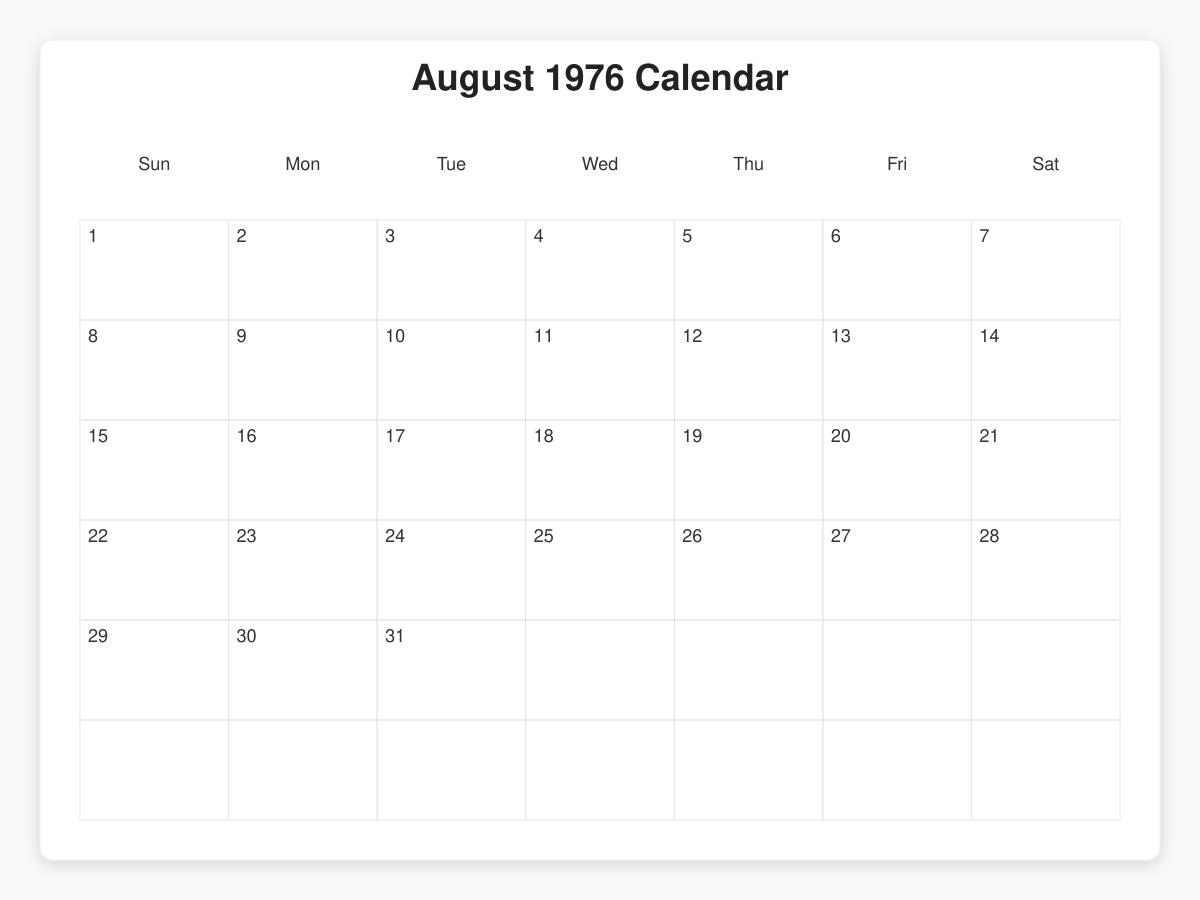 Printable August 1976 Calendars
