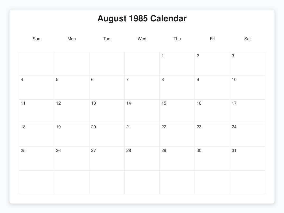Printable August 1985 Calendars