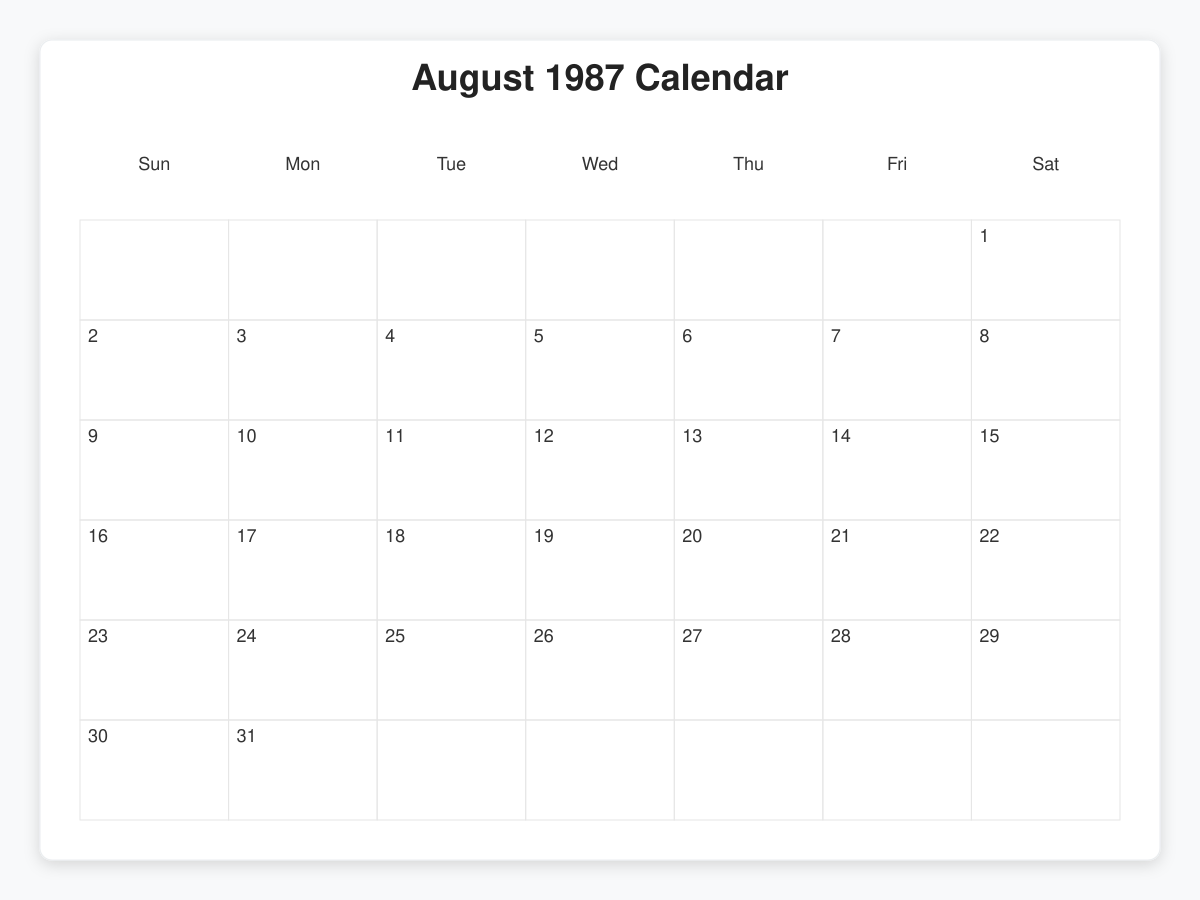 Printable August 1987 Calendars