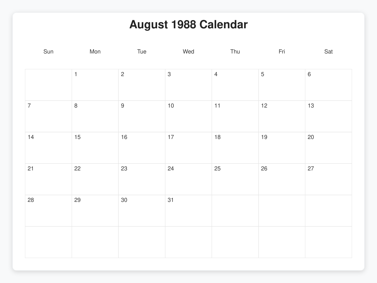 Printable August 1988 Calendars