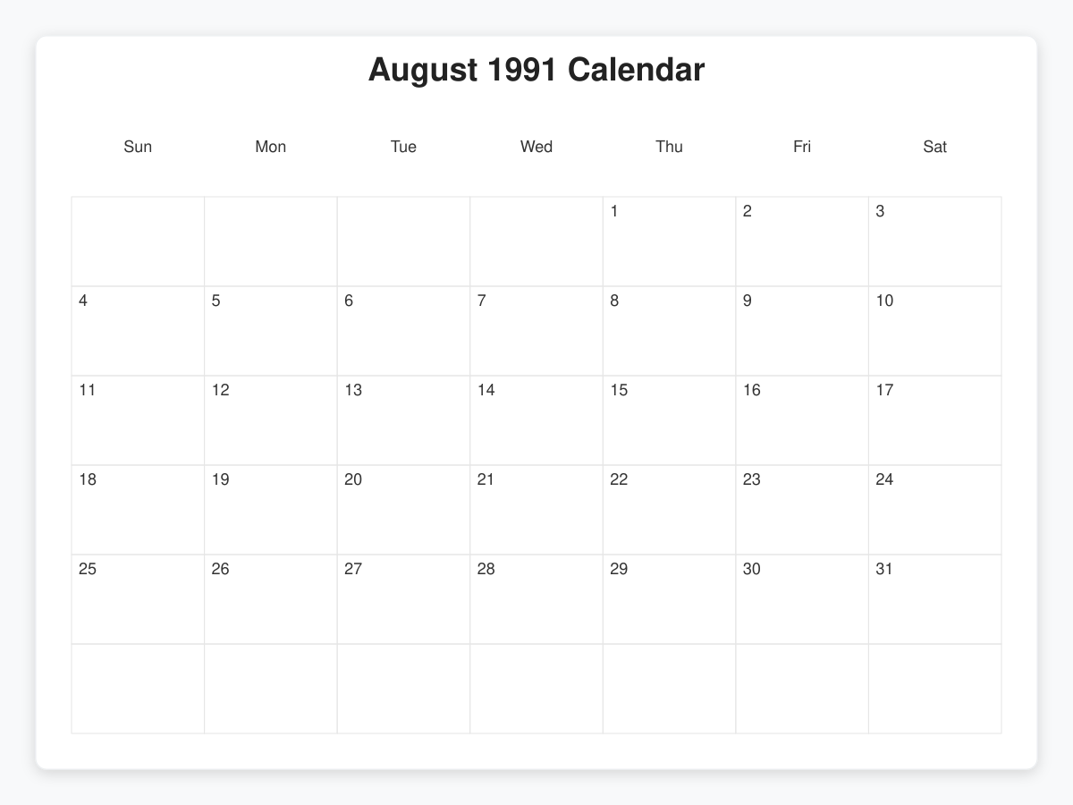Printable August 1991 Calendars