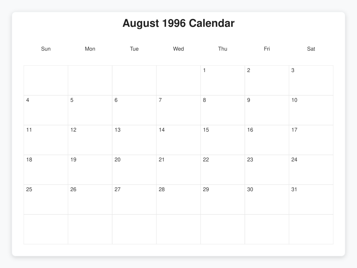 Printable August 1996 Calendars